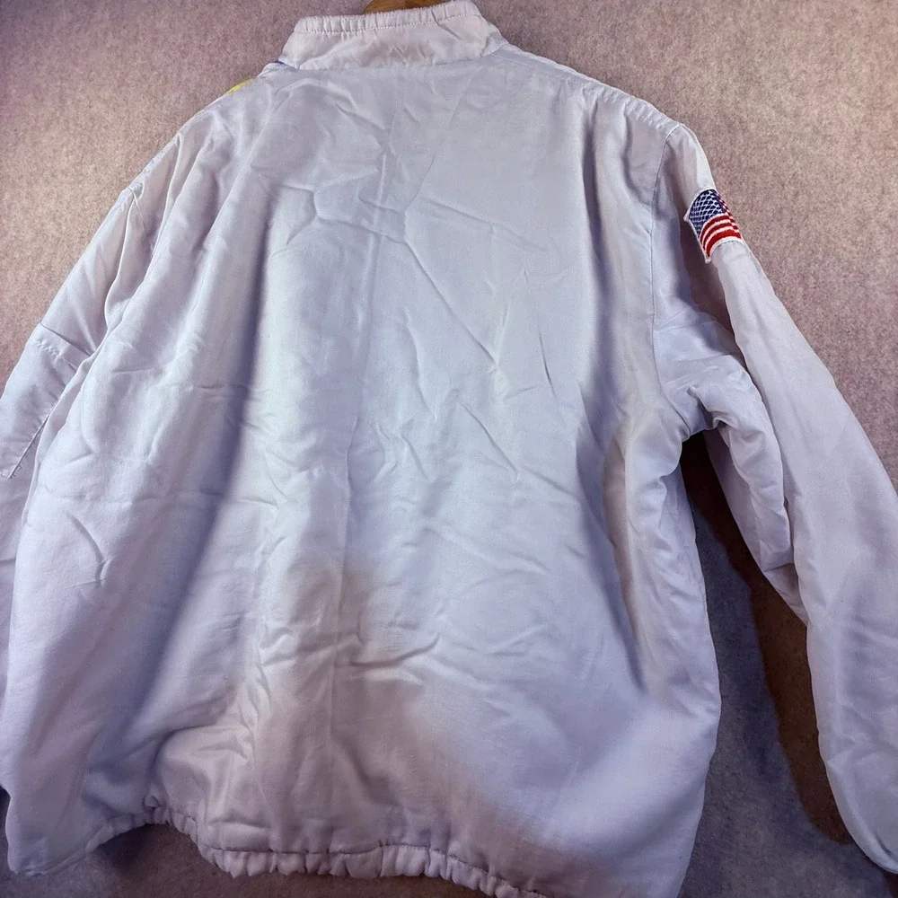 70's VTG White Bomber Jacket Racing Stripes USA Flag Sherpa Lined Full Zip T1957